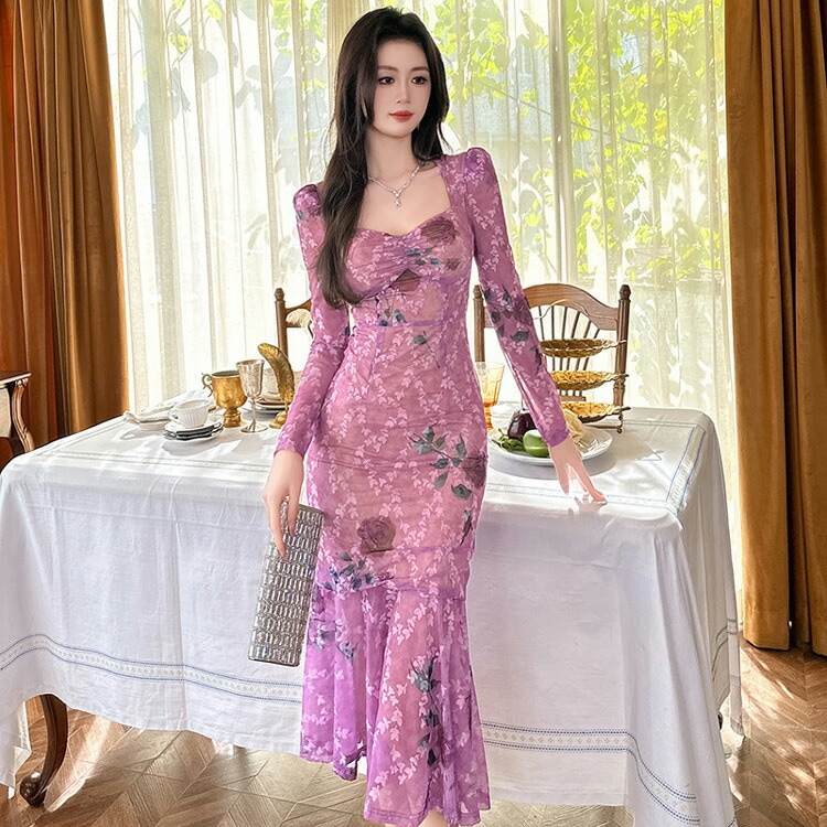 タイトワンピ ローズ柄 薔薇 総柄 マーメイド パーティードレス タイト ワンピース 花柄ワンピ 長袖 ロング丈 きれいめ おしゃれ セクシー 上品 エレガント 謝恩会 秋 冬 オケー