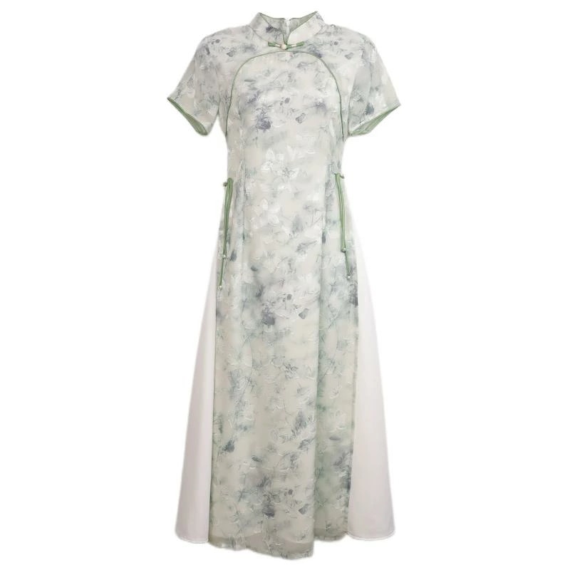 アオザイ チャイナドレス 夏 レディース ワンピース ロング丈 パイピング スリットなし グリーン