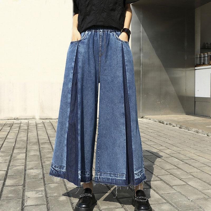 4月の新品ワイドパンツ デニム 異素材切替 ボトムス レディース 9分丈 デニムガウチョパンツ ウエストゴム 大きいサイズ スカーチョ 切りっぱなし ストレート 5,561円