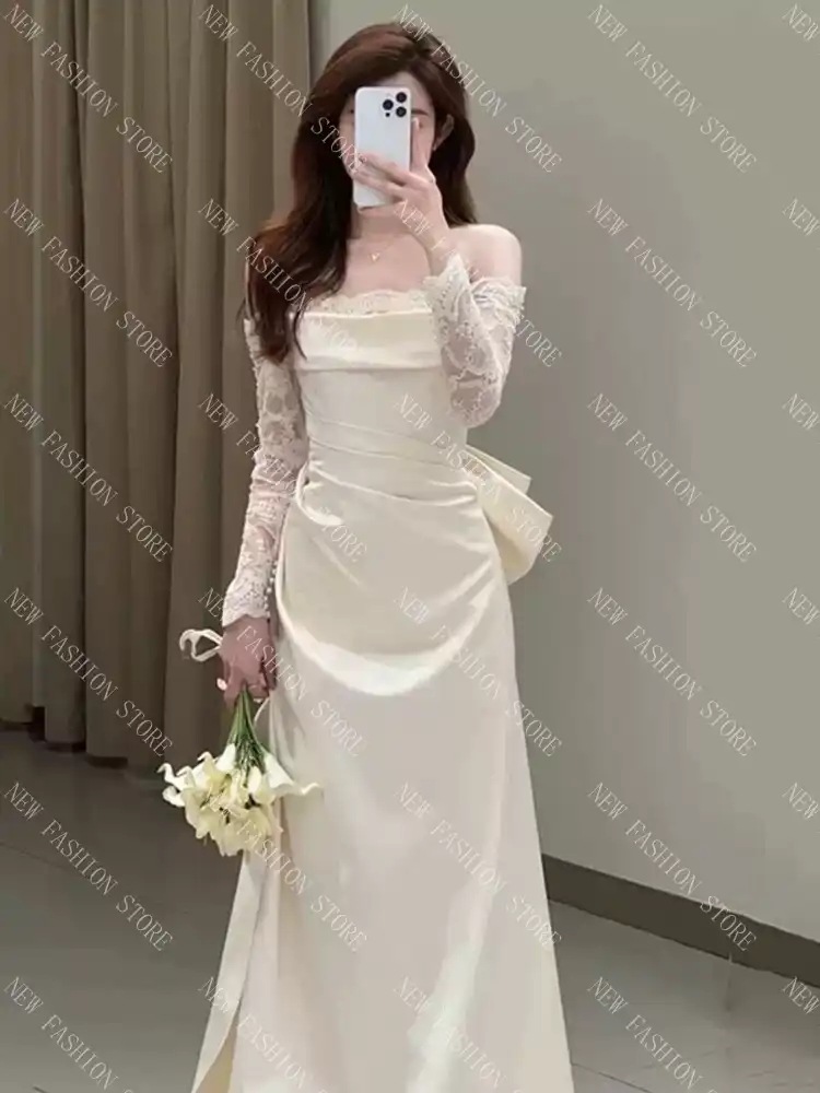 ウエディングドレスドレススカートワンショルダー長袖ワンピース-85