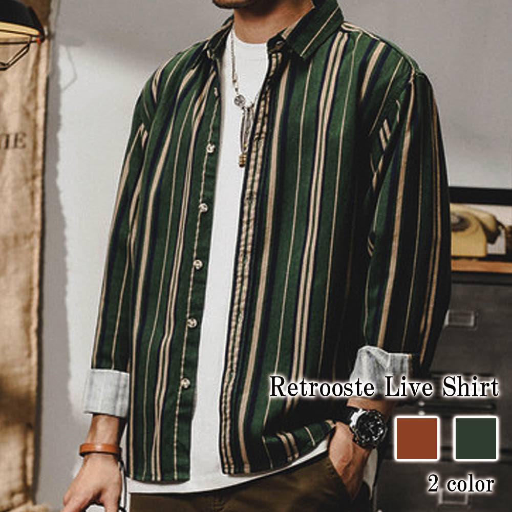 シャツ メンズ レトロストライプシャツ 大きいサイズ ノーカラー 春 派手 襟付き 薄手 オフィス おもしろ 肌着 夏 コーデ Tシャツ インナー フランネル 涼しい ゴルフ カジュアル ネルシャツ 5,065円