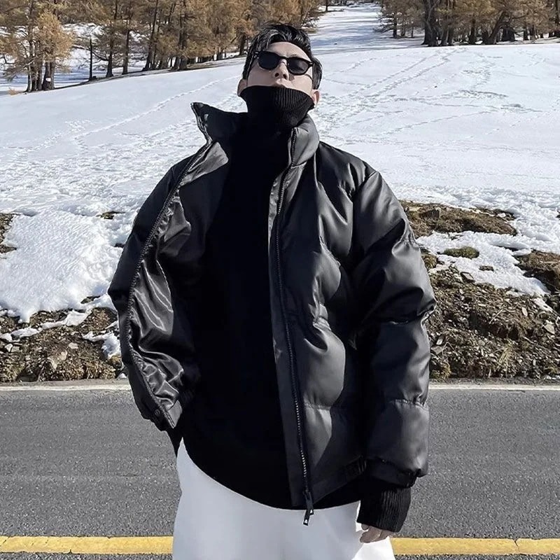 2025INS大人気 新作 韓版 ins 新しい 冬 ハイネック 百掛け ダウンコート 厚手 ゆったり カジュアル 純色 メンズ 中綿ジャケット