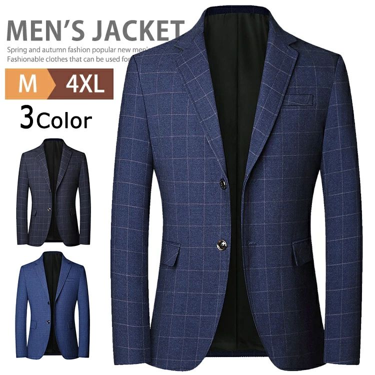 テーラードジャケット メンズ 2つボタン ブレザー ジャケット チェック柄 スリムフィット テーラード ビジネス おしゃれ カジュアル ジャケット スーツ オフィス ビジカジ テレワーク ゴルフウェア
