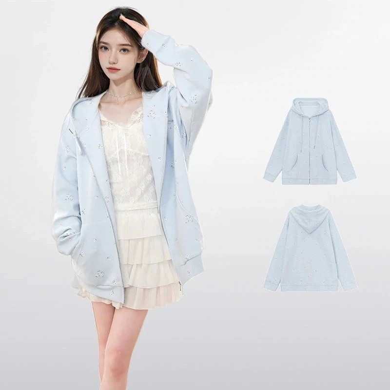 3日出荷 ブルー花柄 ジップアップ おしゃれ パーカー スウェット 春服 レディース