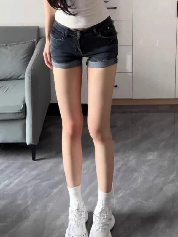 ホットガールデザインのロールアップアメリカンデニムスーパーショーツダークブルー夏用ハイウエストとローウエストのストレッチタイトホットパンツ