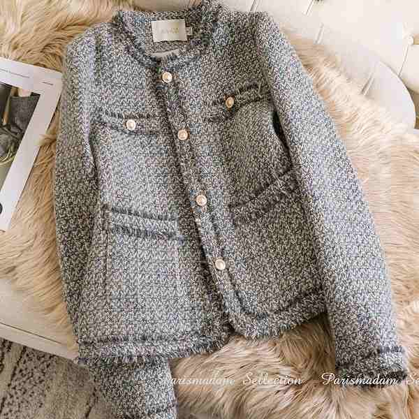 今も人気！ノーカラージャケット　ツイードジャケット　長袖　グレー　セレモニー　上品　ショートジャケット　ほっそり効果大通勤通学女子会20代30代40代50代60代jk-2408-3