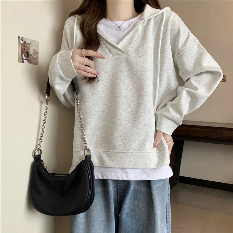 女性用ヴィンテージ ツーピース フード付きスウェットシャツ春と秋薄手ゆったりフィットスリムデザインユニークなスタイル