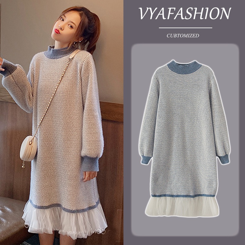 【送料無料】マタニティ ワンピース ミディ丈 ハイネック 裏起毛 あったか ニットワンピース