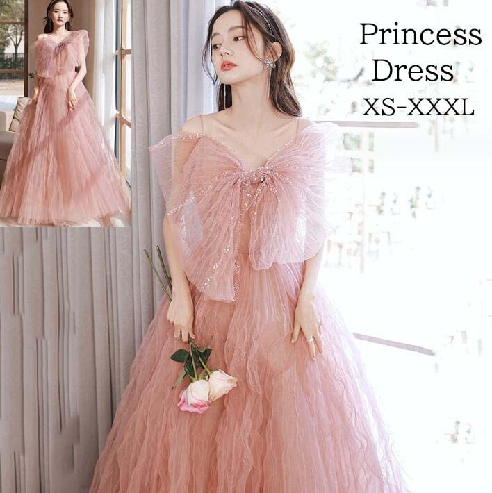 【短納期】パーティードレス プリンセスドレス ウェディングドレス ピンク オフショルダー 高級感 Aライン チュール リボン 演奏会ドレス 撮影 ロング きれいめ 編み上げ 二次会 花嫁ドレス 結婚式