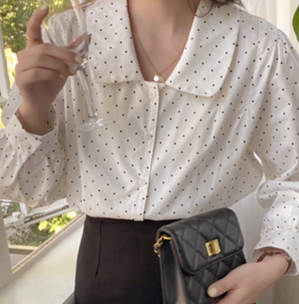トップス デート かわいい 大人可愛い きれいめ シンプル カジュアル 大人 上品 おしゃれ お洒落 ドット 襟付き ブラウス 休日 公園 旅行 春夏 長袖 レトロ 韓国 フリーサイズ モテ コーデ
