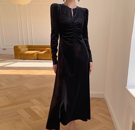 ドレス ワンピース ウェディング パーティー 結婚式 二次会 披露宴 演奏会 発表会 ステージ 舞台 フォーマル キャバ ダンス 謝恩会 ラウンジ クラブ ロング マキシ 長袖 パフスリーブ Vネック