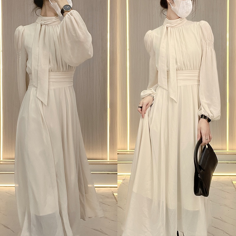 ワンピース ミディアム丈ワンピース かわいい長袖 ハイネック ボリューム袖 ウエストマーク ミディアム丈 シースルー 透け感 バックシャン かわいい 大人可愛い きれいめ シンプル 上品 おしゃれ