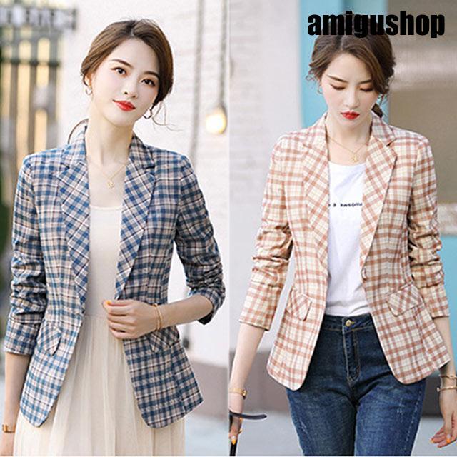 春秋 ジャケット レディース 通勤 OL チェック柄 テーラードジャケット ブルー カーキ お洒落 大きいサイズ スーツジャケット オフィス