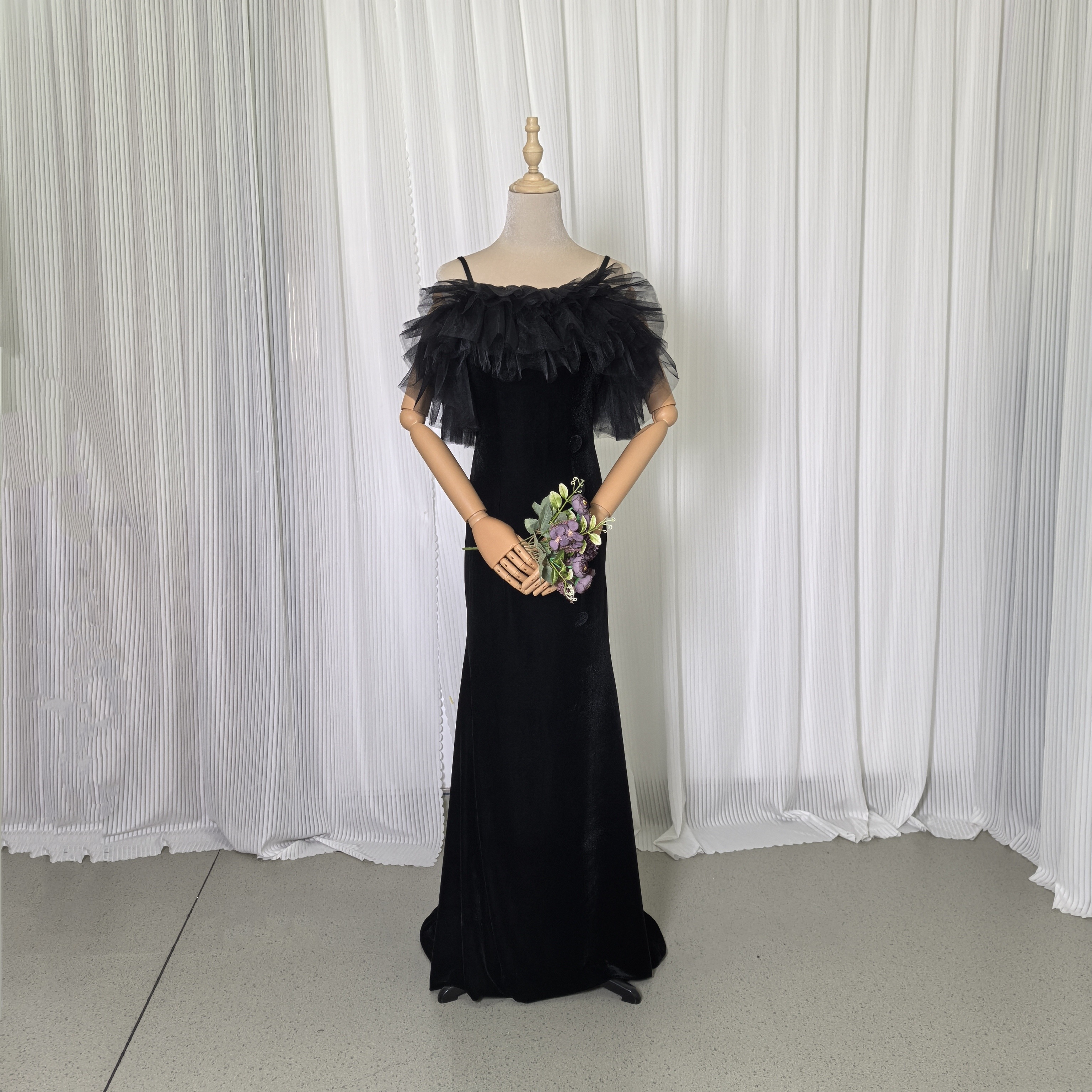 パーティードレス ブラック キャミソール ビロード ミニトレーン スレンダーライン 演奏会 音楽会 前撮り