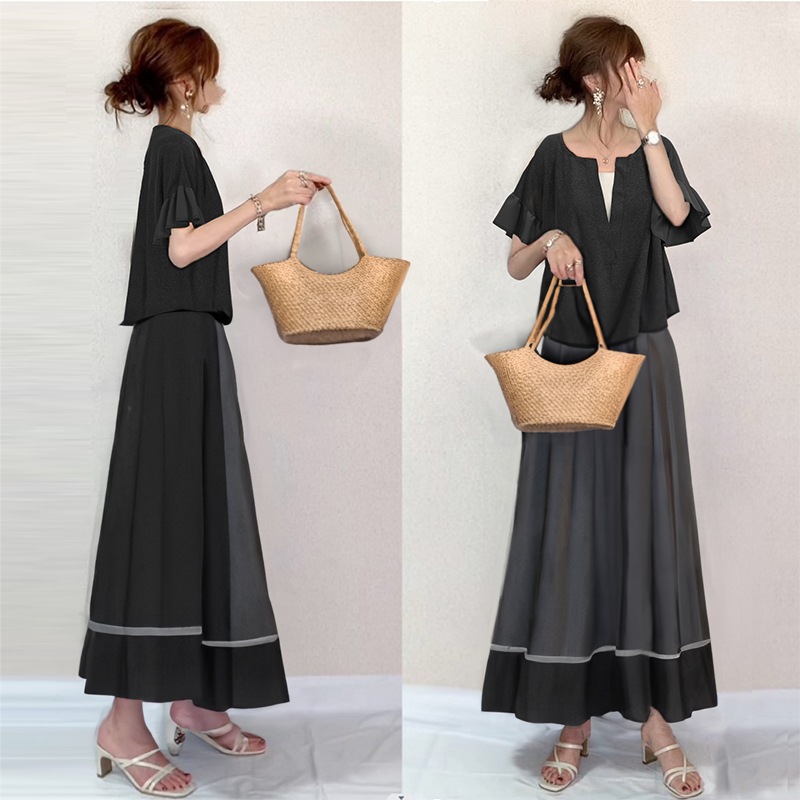 【No.1 人気商品】 おしゃれ度高め シンプル ギャザー飾り Vネック Tシャツ スカート 配色 プリーツ 2点セット