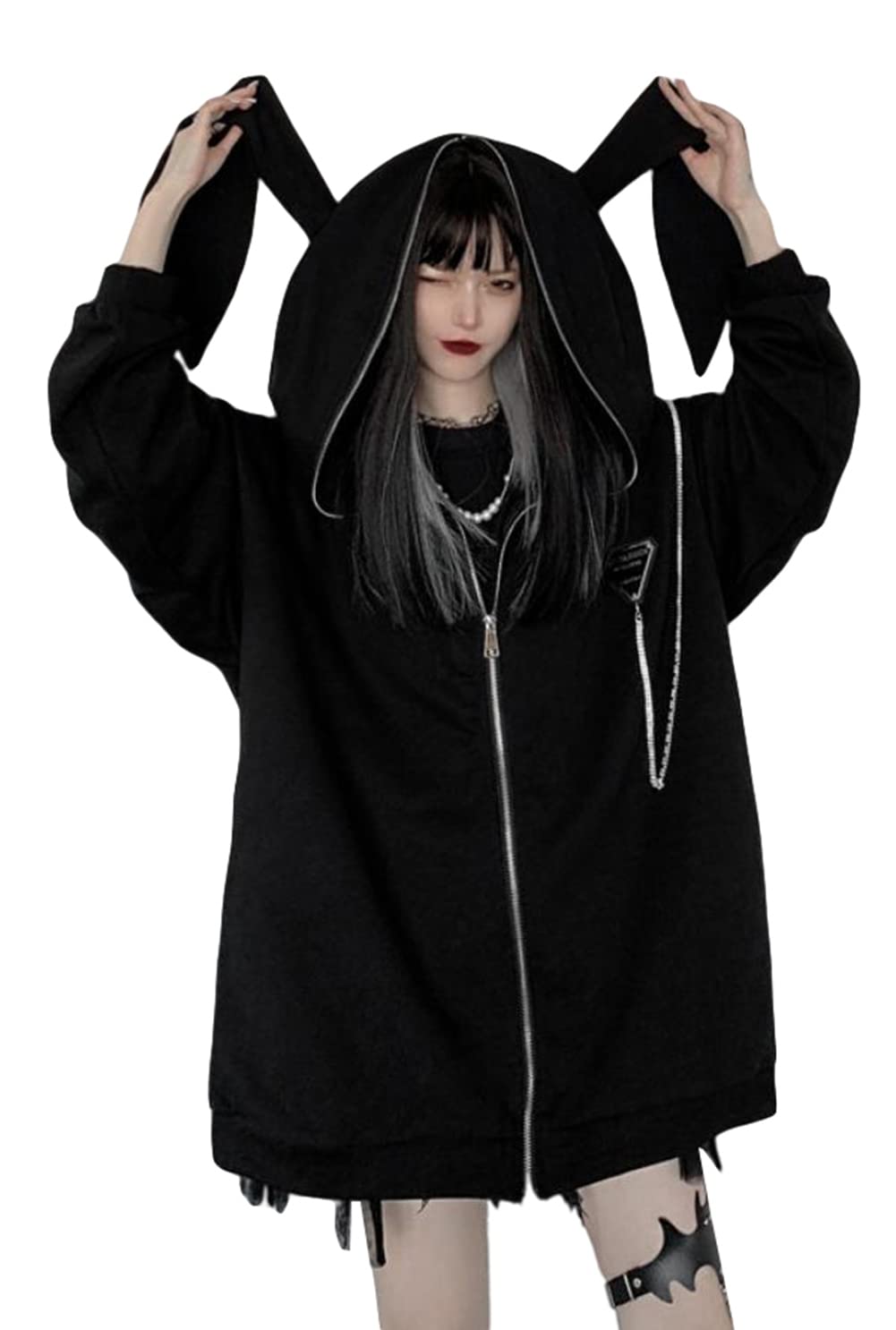 [ShuMing] パーカー レディース ゆったり ジップアップパーカー フード付き うさ耳 兎耳 うさぎ耳 かわいい 韓国ファッション アウター BF風 ストリート系 (Free Sizeブラック)