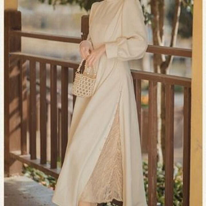 ワンピース ドレス レディース ロング マキシ 長袖 ボリューム袖 パフスリーブ ハイネック スリム 細身 Aライン チャイナ チャイナ風 レース スリット サイドスリット ハイウエスト 異国風 ボタ