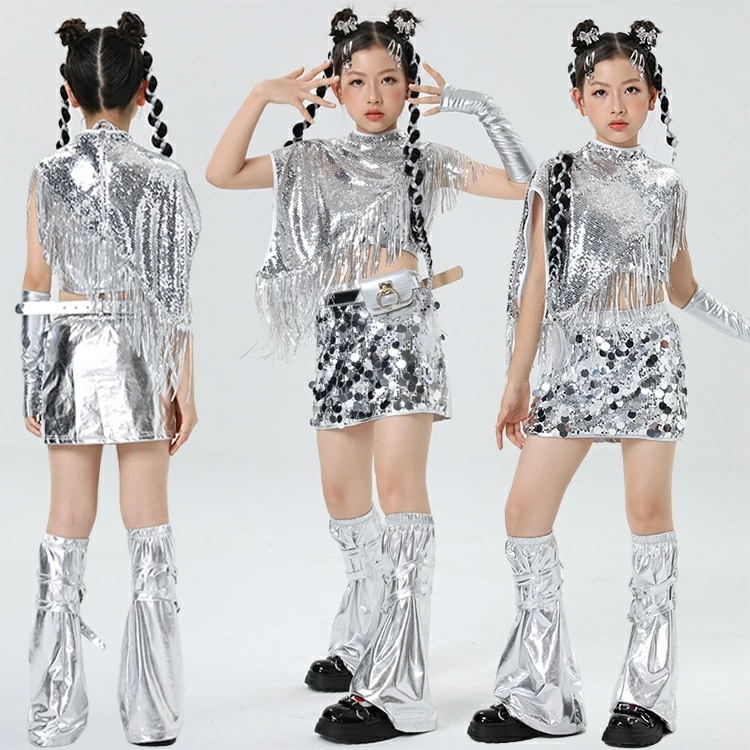 女の子 キッズ ダンス衣装 シルバー スパンコール セットアップ jazz ジャズ 子供服 キラキラ スパンコール シルバー ショール スカート キャミソール レッグウォーマー ベルト チアガールズ