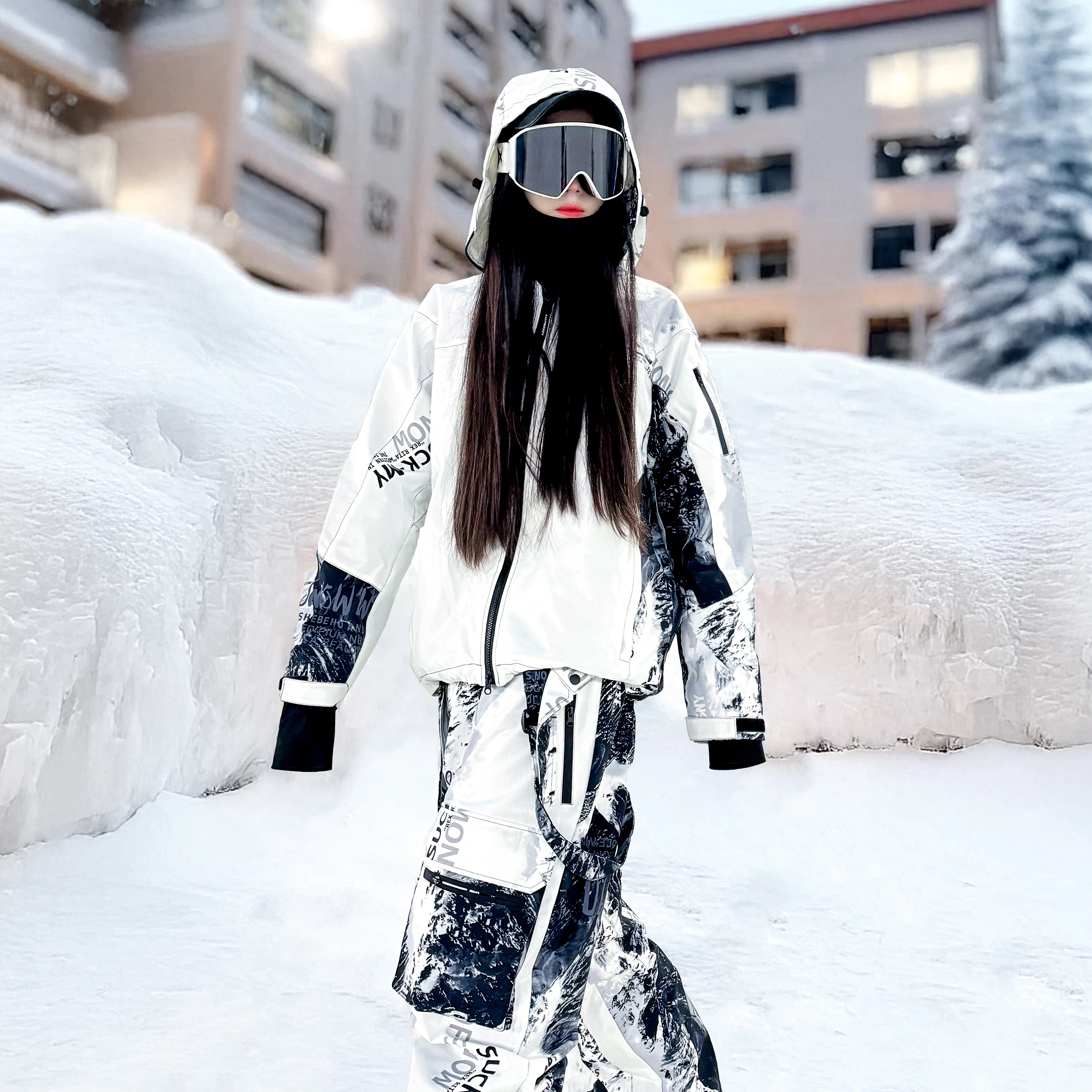 スノボウェア 2025 2026 上下セット 耐水圧20000mm 黒白 雪山 ジャケット パンツ ズボン 韓国風 スノーボードウェア スノーウェア スキーウェア スノボーウェア メンズ レディース 27,068円