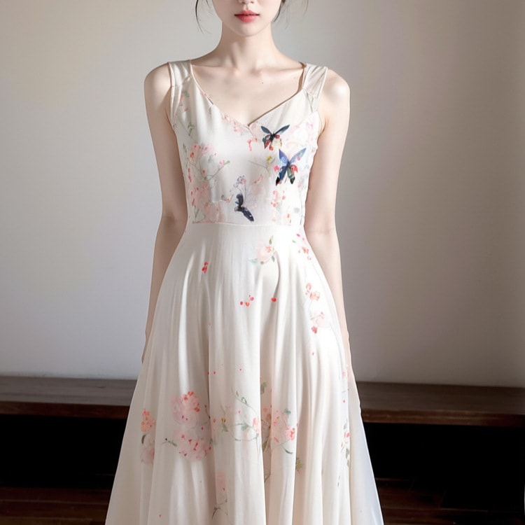 今年の人気のある美しい蝶の要素女性の夏のためのフローラルドレス新しい白いゴールデンスタイル穏やかな長いスカート