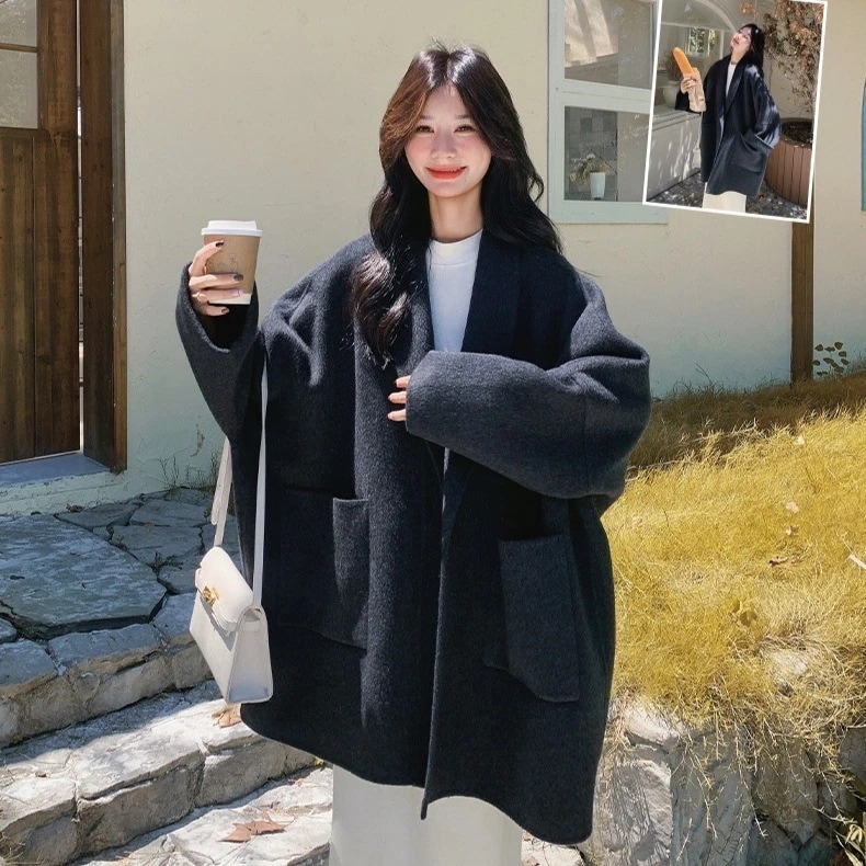 アルパカウール 両面ニットコート ワイドカラー ゆったり 毛ジャケット レディース シック