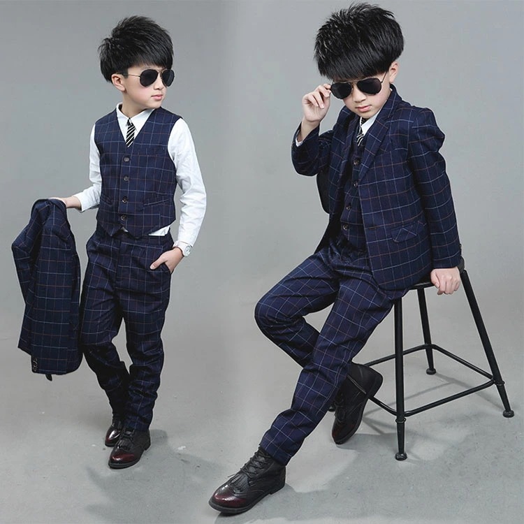 【即納】チェック柄4点セットアップ 子供服 キッズ ジュニア男子ドレス 入学式 卒業式 男児 結婚式 秋冬 上下セット 110~160cm ジャケット+パンツ+ベスト+ ブラウス