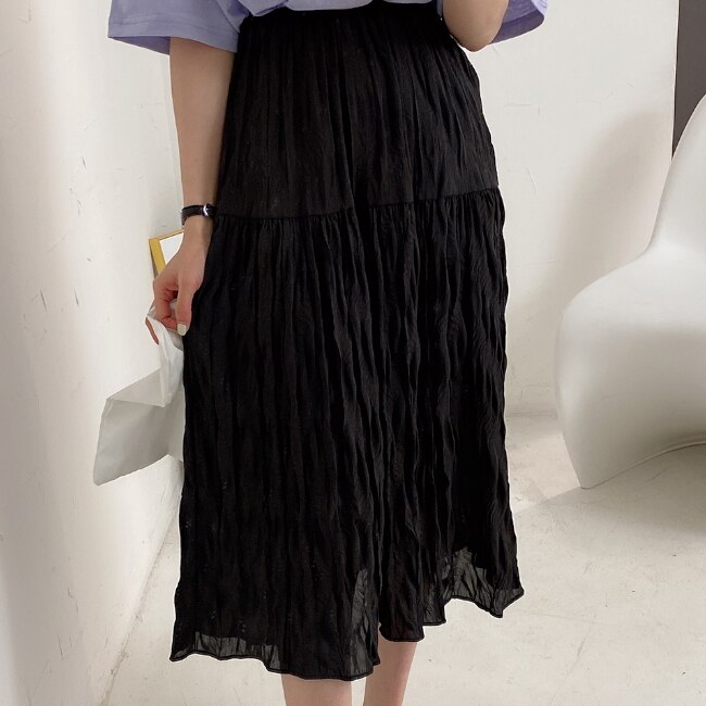 3色 スカート 春夏 きれいめ プリーツスカート クリンクルスカート ロング丈 無地 ウエスト ゴム ハイウエスト プリーツ ふわふわ Aライン ふんわり 白 ホワイト 黒 ブラック 緑 グリーン 春