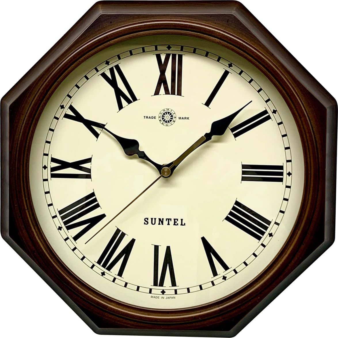 さんてる 日本製 天然木レトロ8角電波掛け時計(ローマ文字)アンティークブラウン DQL713-R