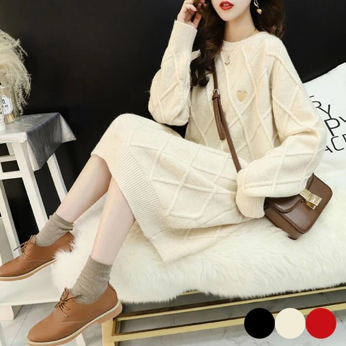 ニット　セーター　ニットワンピース　クルーネック　ゆるニット　ハート　レディース　チュニック　ロングニット　トップス　 長袖　 大きめ　体型カバー　オーバーサイズ　カジュアル　おしゃれ 無地 4,813円