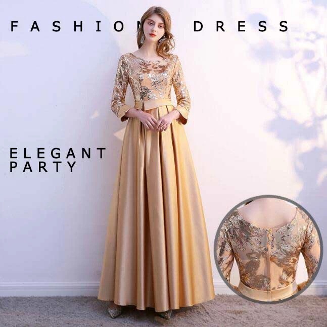 高級感 レディース ドレス 洋風 礼服 パーティードレス 宴会 ウェディングドレス 結婚式 舞台 演出 着痩せ ファスナー 長袖 上品 オシャレ 6色 ミモレ丈 ロング丈 ロングワンピース 丸襟 合唱 5,427円