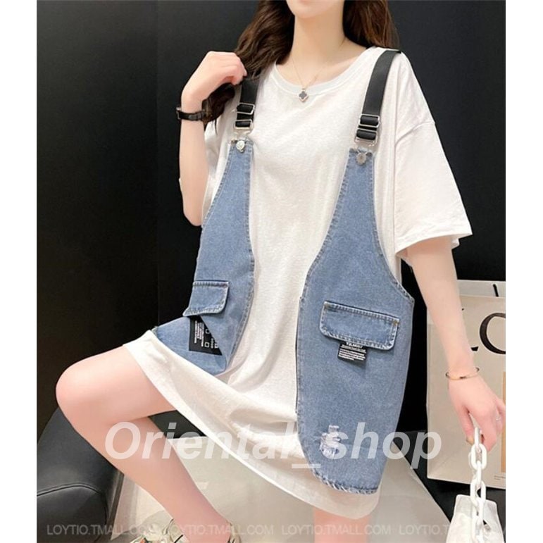 ワンピース レディース デニム ベスト 重ね着風 半袖 体型カバー ビックティーシャツ 切替 着痩せ