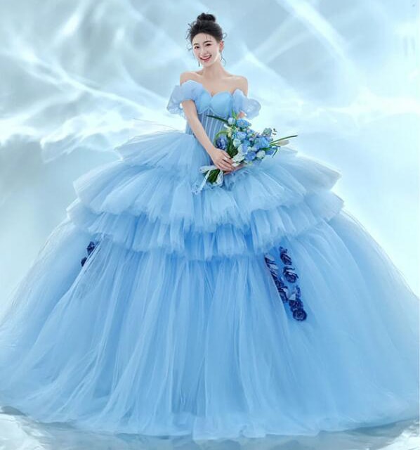 ウェディングドレス きれいめ 花嫁ドレス 前撮りドレス 後撮り パーティードレス フォトウェディング撮影 結婚式ドレス 多重チュール 高級感 可愛い お姫様 成人式ドレス カラードレス コンサート オ