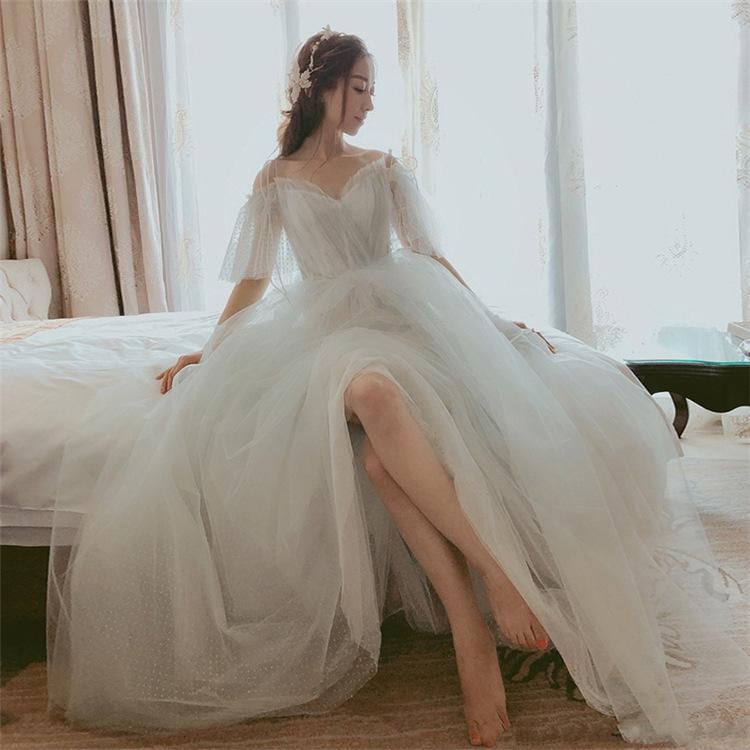ウエディングドレス ロングドレス 安い ウェディングドレス 袖あり 結婚式 前撮り ふわふわ ピアノ発表会 二次会 パーディードレス Aライン マキシ丈 おしゃれ
