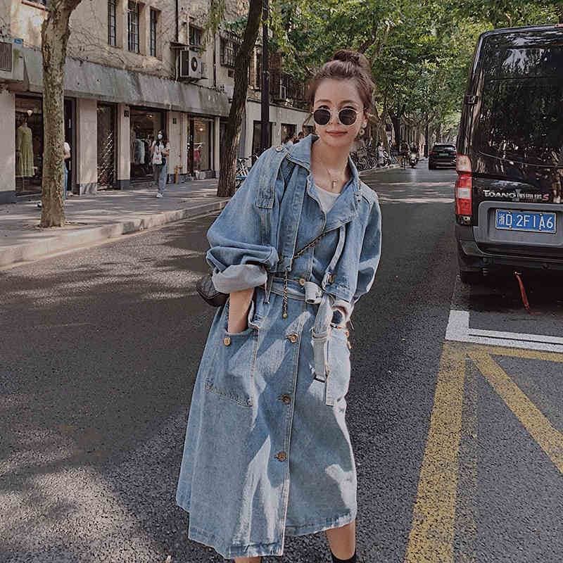 ジャケット デニム ロング レディース コート アウター ワンピース 羽織り ミモレ ロング 襟付き 長袖 ルーズ ボタン 綿 シングル ベルト ポケット カジュアル かわいい 10代 2 大人可愛い