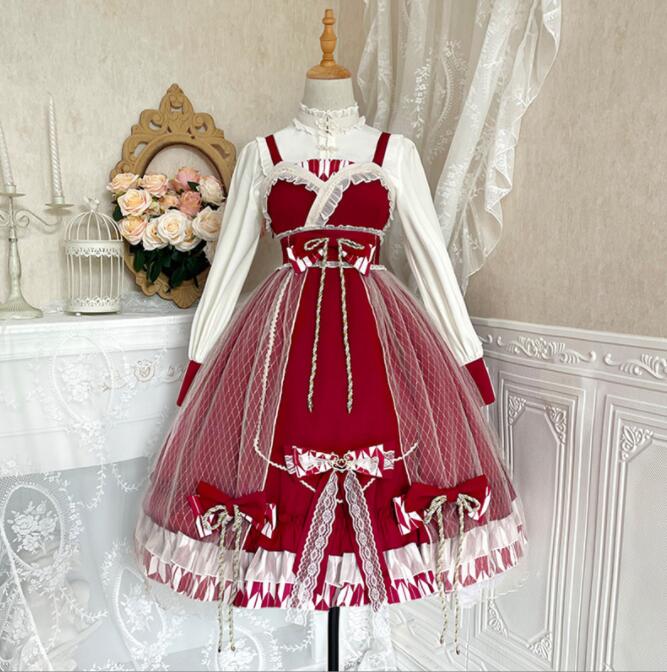 ジャンパースカート ミモレ丈 ゴスロリ ロリータ ワンピース ロリータ ドレス ストラップ ワンピース 裾フリル チュールカバー付き 大きいリボン お姫様 ドレス コスプレ衣装 ハロウィン衣装 ロリー