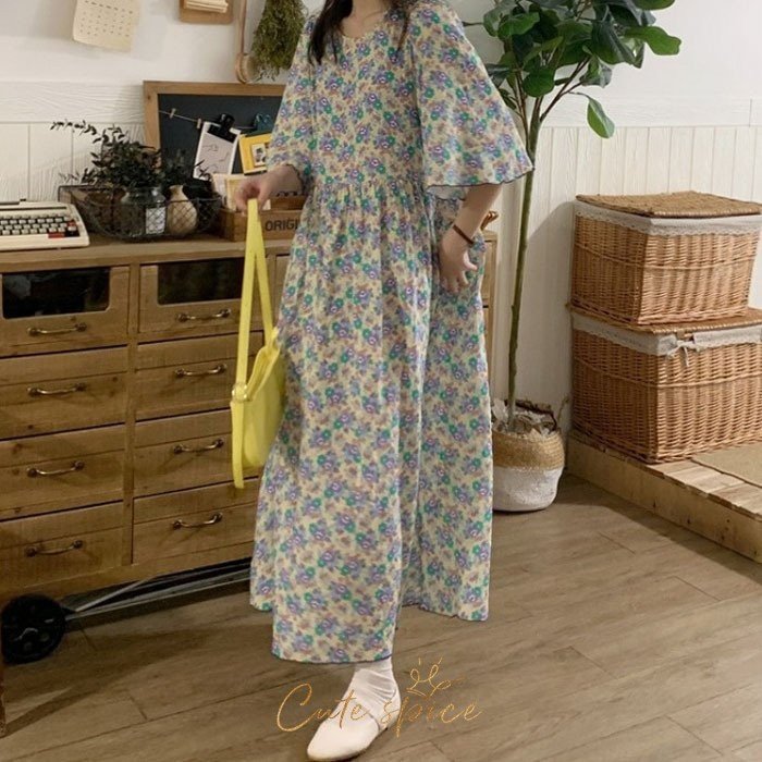 ワンピース レディース 40代マキシワンピース 夏新作 激安通販販売 五分袖ワンピース ベルスリーブ きれいめ 花