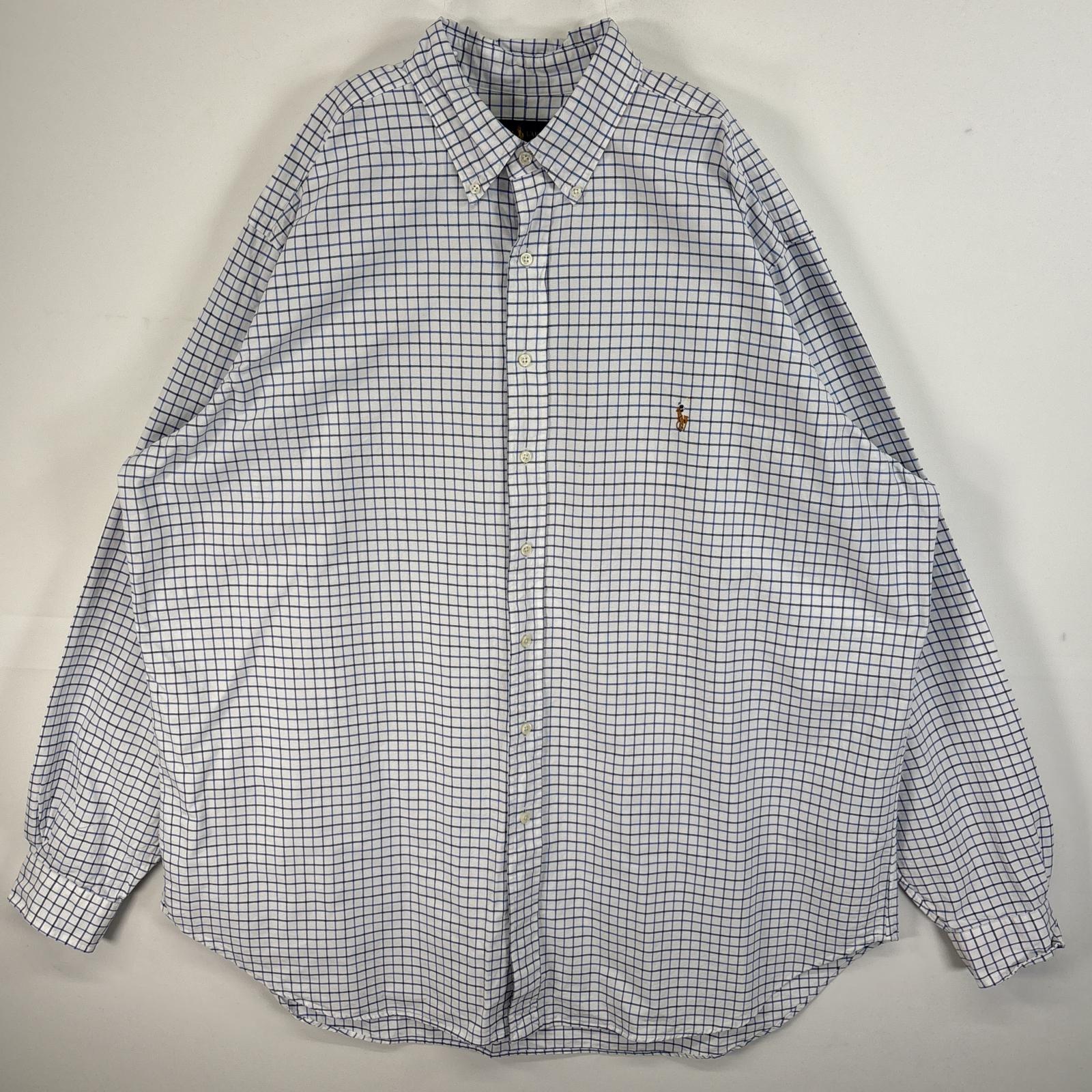 古着 長袖シャツ ボタンダウン ロゴ 刺繍 大きいサイズ 2XLT ブルー系 チェック メンズ 5,005円