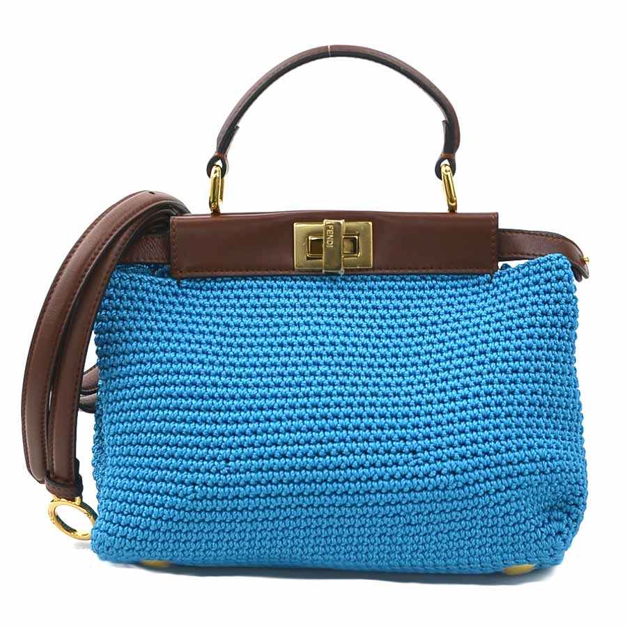 フェンディ FENDI ハンドバッグ ショルダーバッグ ミニ ピーカブー ポリエステル/レザー ブルー×ブラウン レディース 8BN244-AFP3 h30812a