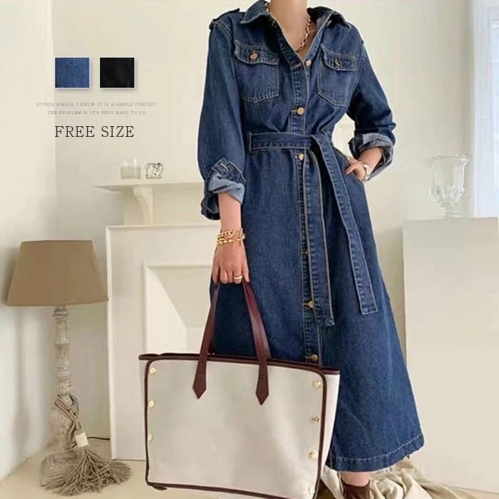 デニム ワンピース 長袖 ロング丈 春 秋 長袖ワンピース デニムワンピース スリット リボン ゆったり きれいめ 無地 ロングワンピース シンプル 大きいサイズ マキシ丈 体型カバー 痩せる効果 a