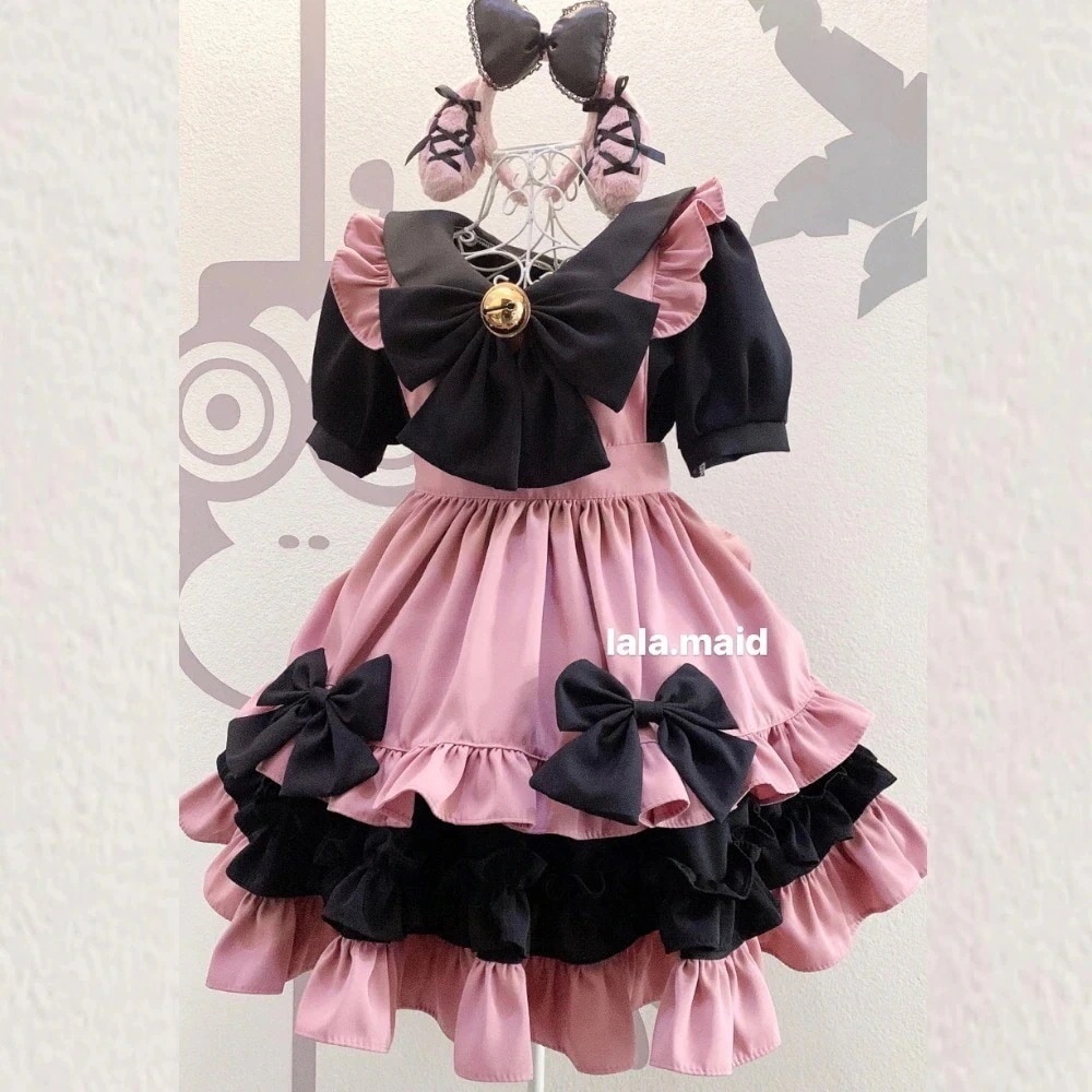 ピンク＋黒色　荷葉フリル　カフェメイド服 　姫風 ワンピース