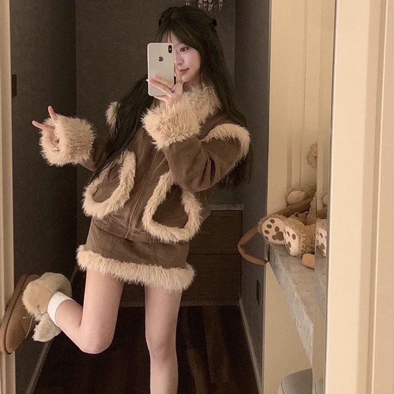 ツーピースラペルとファースエードジャケットカーキ+ハイウエストスカートショートスカート暖かいスーツ女性秋冬