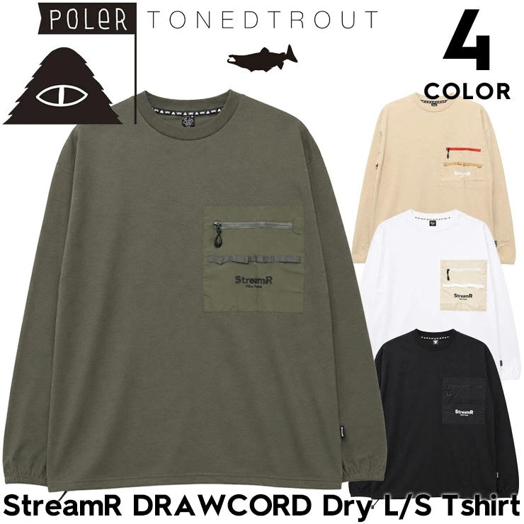POLeR ポーラー ロンT メンズ 長袖Tシャツ ドライTシャツ UVカット 吸湿速乾 水陸両用 TONEDTROUT コラボ StreamR DRAWCORD Dry L/S Tsh #04976