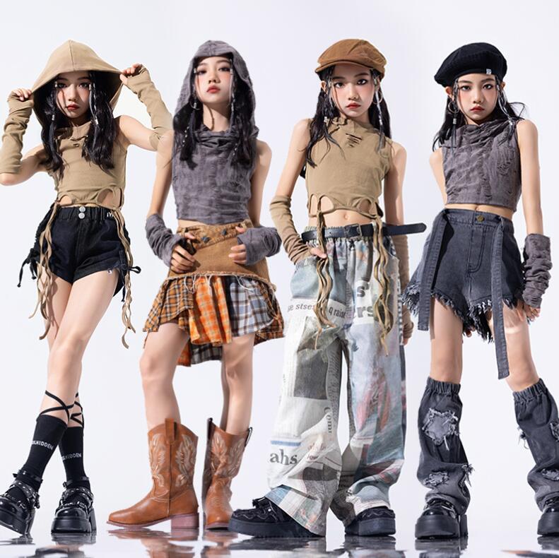 キッズジャズ ステージ舞台演出服 おしゃれ団体服 発表会 レッスンダンスウェア K-POP hiphop 応援団 イベント 長袖Ｔシャツ 女の子ダンス衣装 子供服 上下セット サルエルパンツ チーム衣