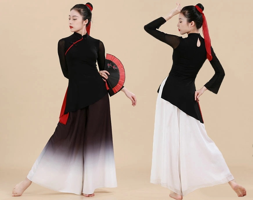 古典ダンス 女性ダンス衣装 チャイナ服 唐装 中華風 中華服 舞台演出服 コスチューム 華流 撮影衣装 学園祭 文化祭 イベント フレア袖 傘ダンス 扇子ダンス ガウチョパンツ ワイドパンツ