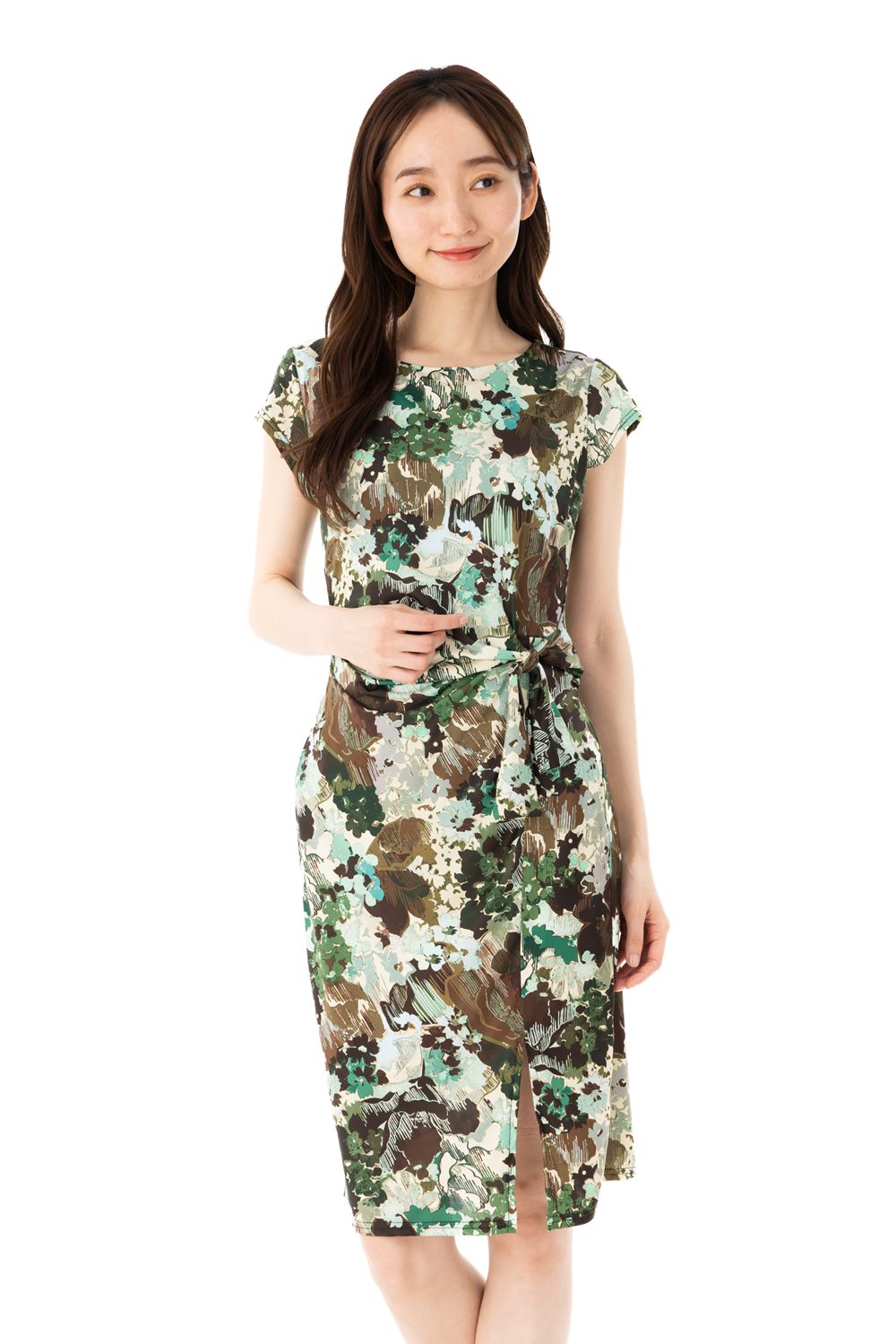 「フィフィーユ ワンピース」 FIFILLES T1 T2 T3サイズ 半袖 膝丈 ボートネック 花柄 ジャージー素材 レディース 大人 きれいめワンピース フランス製 カーキ 17,600円