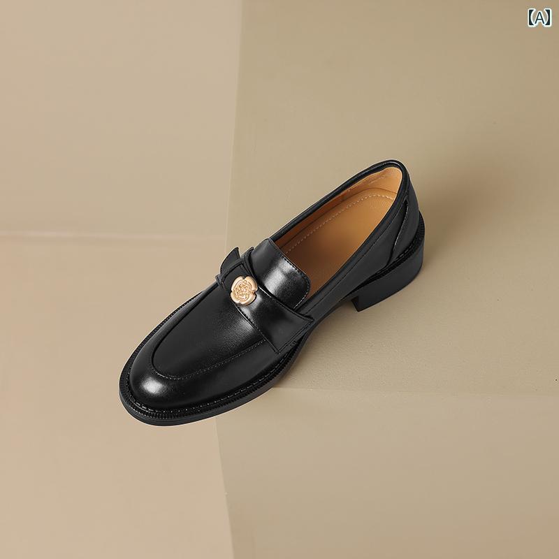 ローファー レディース 学生 カレッジ 通学 通勤 秋冬 ベルベット 小さい 革靴 女性 太い ヒール 深口 シングル シューズ フランス 椿 革 スリッポン