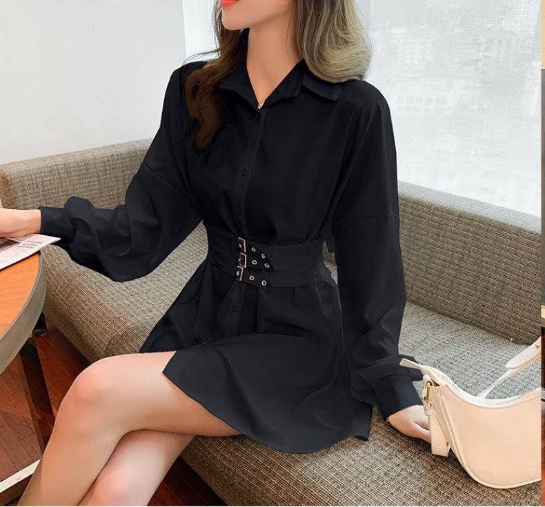 シャツワンピース ウエストマーク ドレス ベルト ドルマンスリーブ シャツ ショート丈 長袖 襟付き カジュアル 大人 おしゃれ クール 無地 春 秋 冬 レディース デート お出かけ 休日 旅行