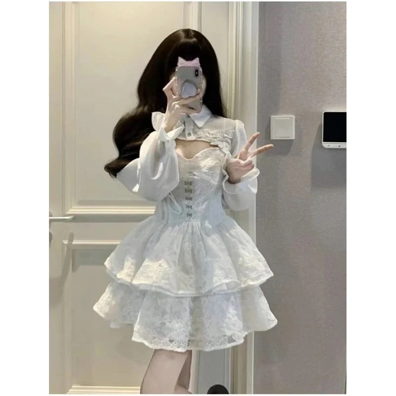 ワンピース2024新しい女性の小さな新鮮な初秋の優しいセットドレスショールレースホルタードレスデザイン風ツーピースセット