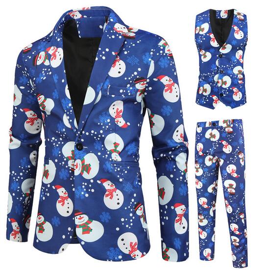 メンズスーツセット クリスマス舞台ダンスウェア　雪だるま柄　ジレベスト　ロング丈パンツ　タキシードジャケット2点/3点セット　Christmasコスプレステージ演出服アウター　　団体服　発表会　カラオ