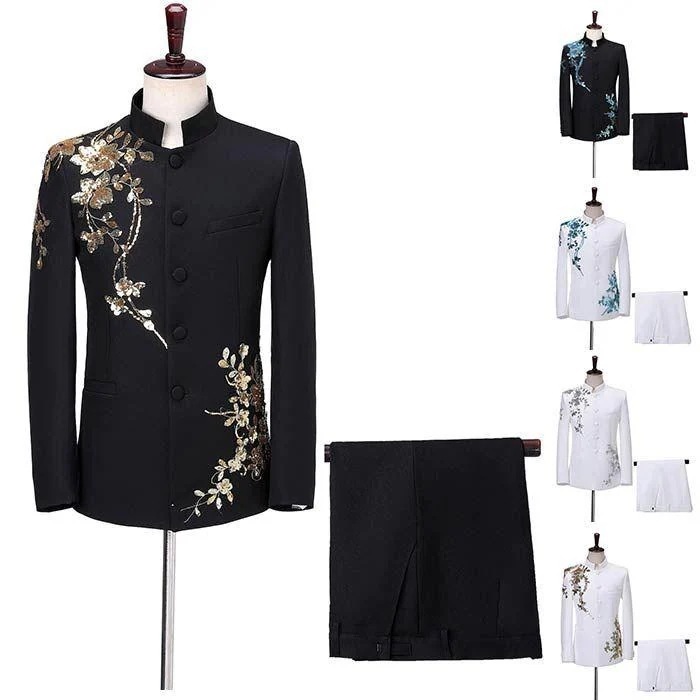 ステージ衣装 メンズ スーツ セットアップ 男性 ステージジャケット パンツ 上下2点セット スパンコール 立体花飾り 舞台衣装 キラキラ 忘年会 新年会 発表会 ダ30%までに制限